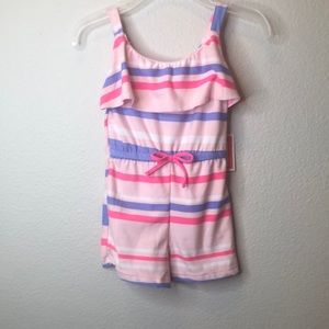 Purple light pink bright pink white striped romper size 12 months